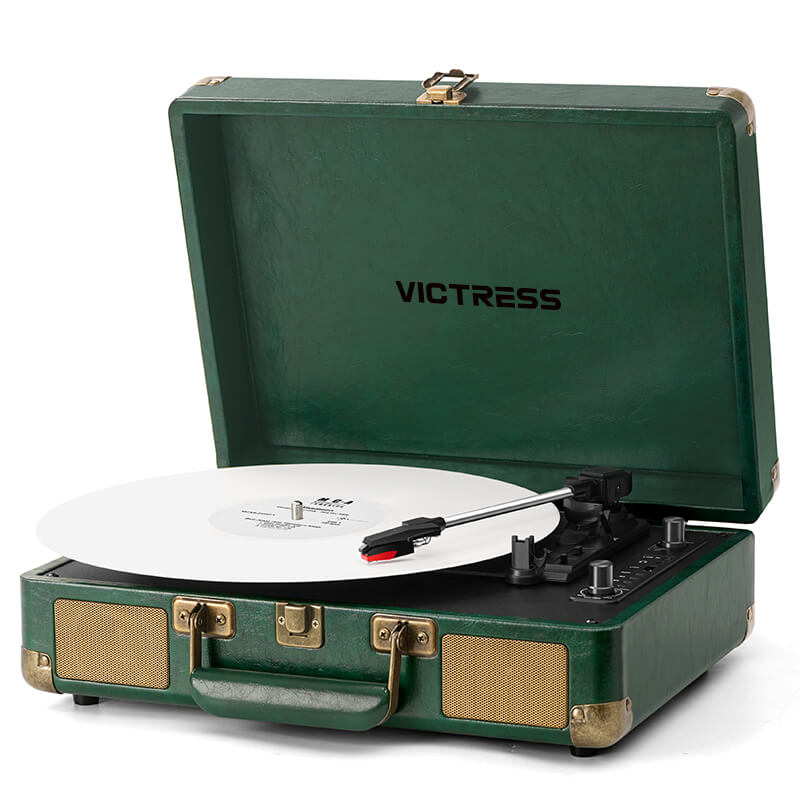 Tocadiscos portátil TE-2021 con Bluetooth 5.0, grabación USB y altavoces.