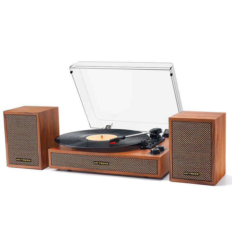 Sistema de tocadiscos TE-2028 de 3 velocidades con transmisión por correa y altavoces estéreo externos.