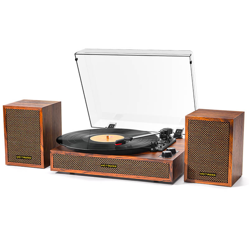 Sistema de tocadiscos TE-2028 de 3 velocidades con transmisión por correa y altavoces estéreo externos.