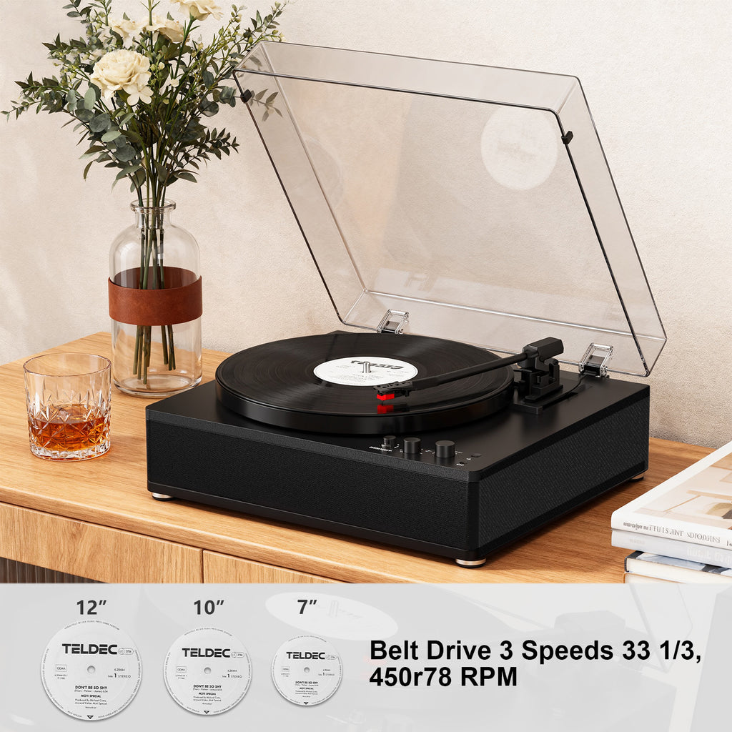 Tocadiscos de tamaño completo TE-3008 con contrapeso ajustable y salida Bluetooth.