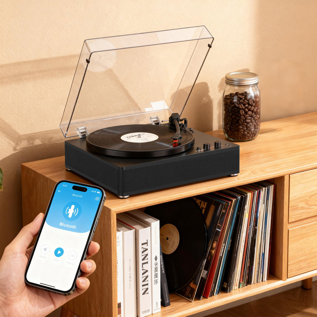 Tocadiscos de tamaño completo TE-3008 con contrapeso ajustable y salida Bluetooth.