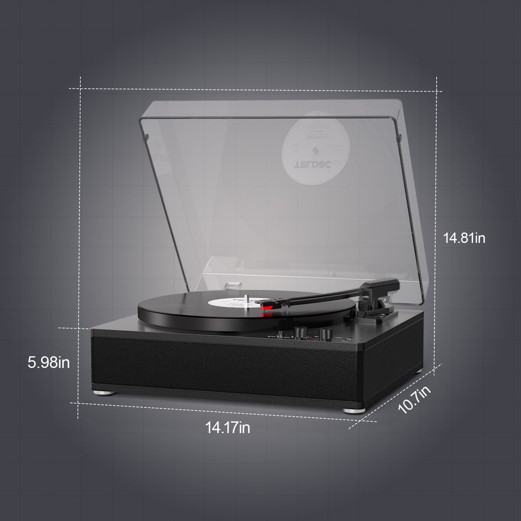 Tocadiscos de tamaño completo TE-3008 con contrapeso ajustable y salida Bluetooth.
