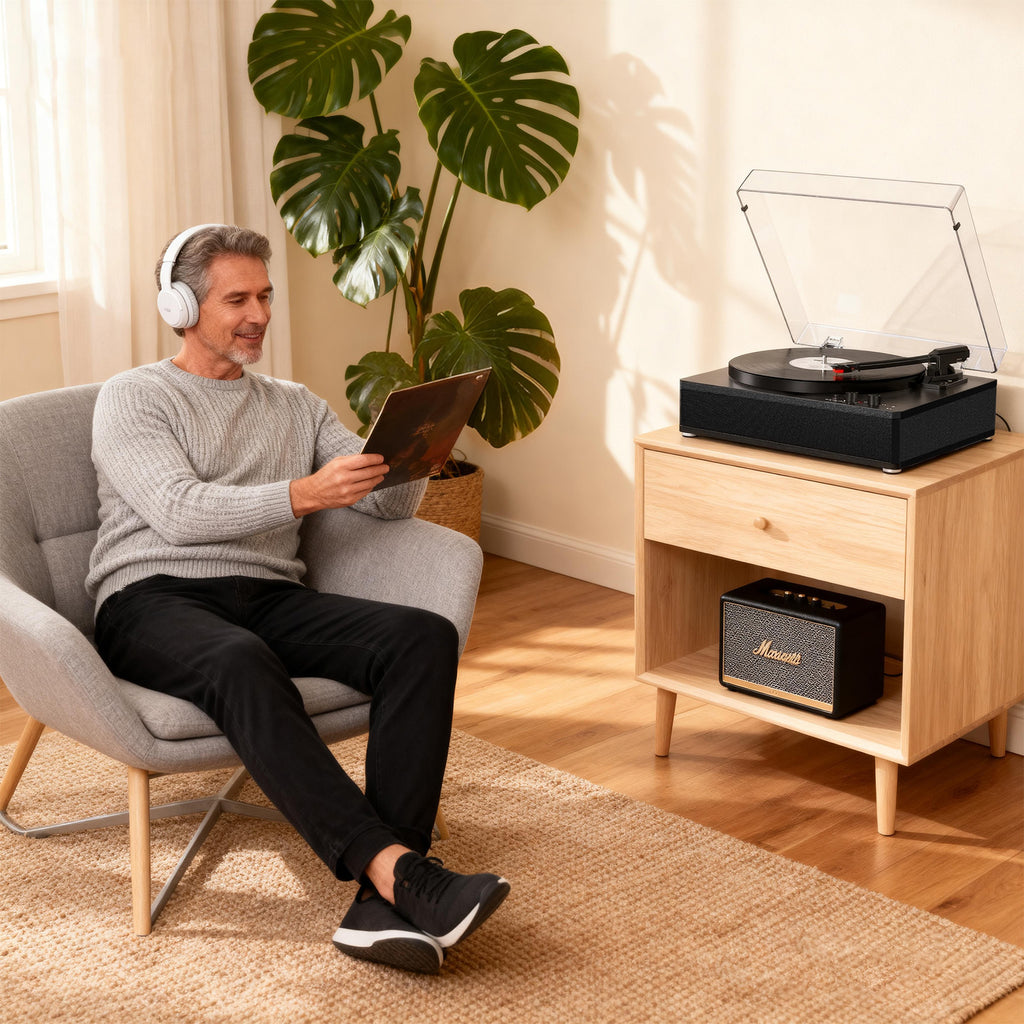 Tocadiscos de tamaño completo TE-3008 con contrapeso ajustable y salida Bluetooth.